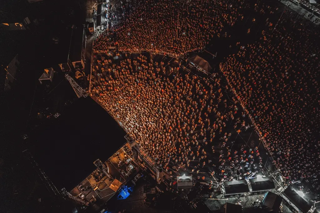 Drone photo of Back Waters Stage during a live concert.